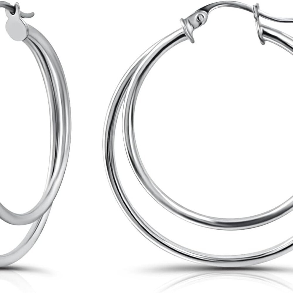Sterling Silver Hoop Earrings Double Circle 30mm Women Jewelry Gift